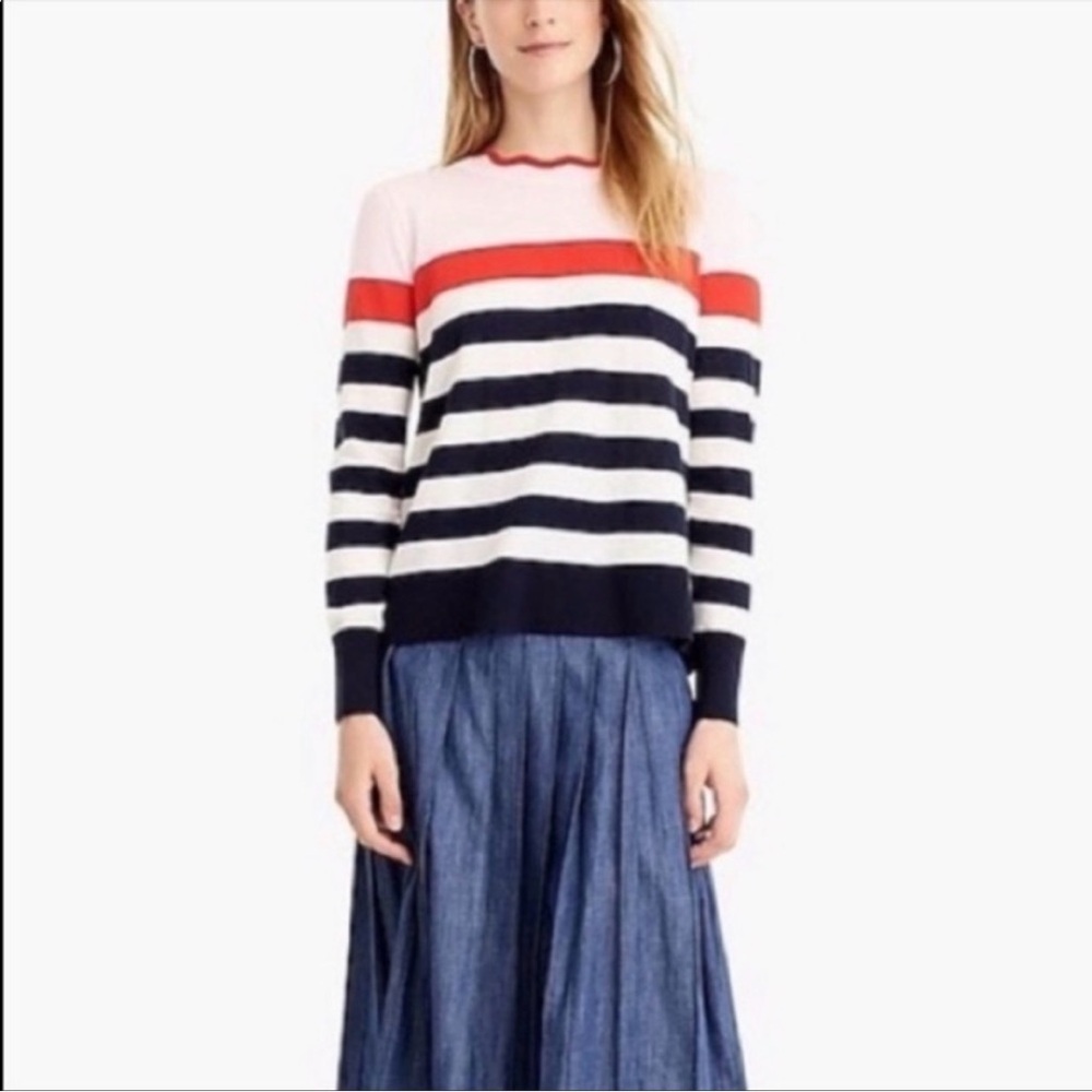 J Crew Scallop Trim Pullover Colorblock Stripe White Red Blue Pink Size Medium